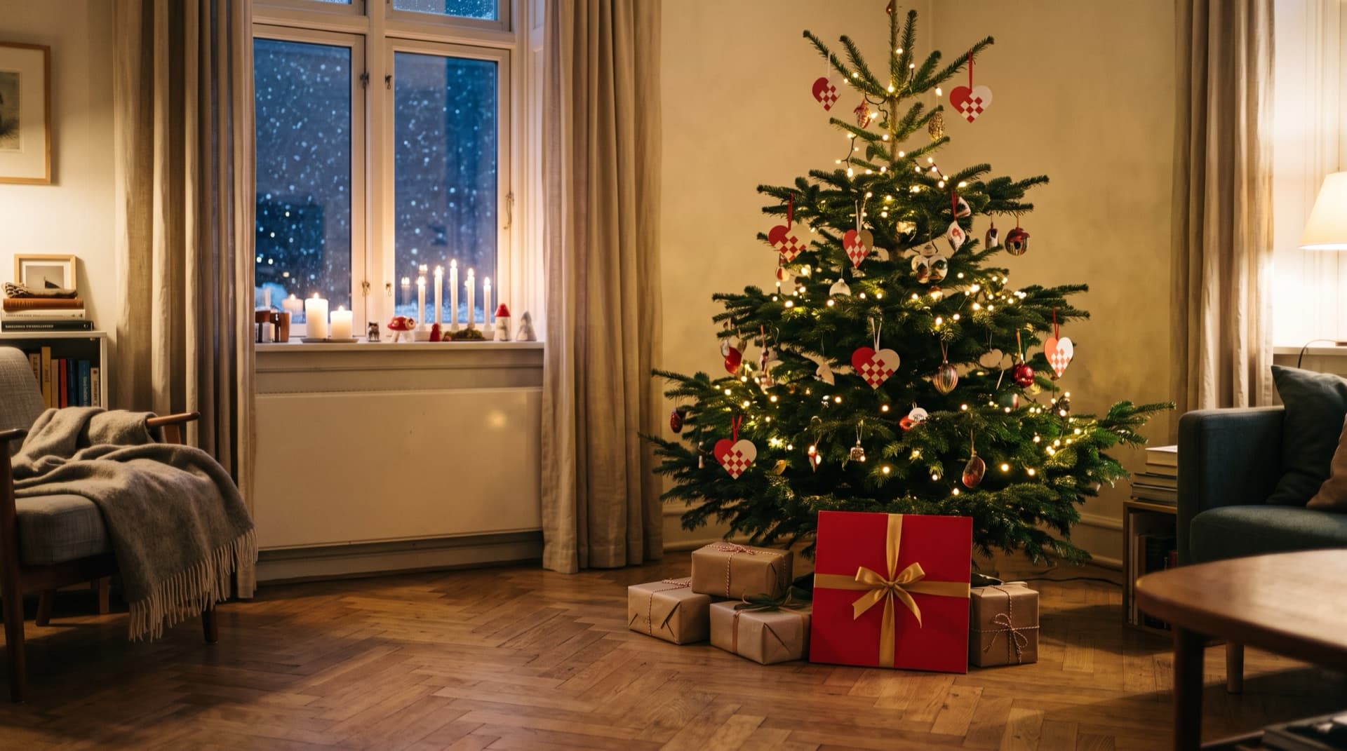 Et juletræ med julelys i en hyggelig stue. Under træet ligger en rød plade med guldsløjfe.