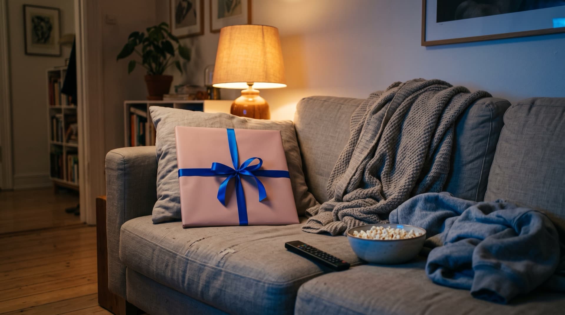 En sofa om aftenen med to tæpper, popcorn og en fjernbetjening. En lyserød plade med blå sløjfe ligger på puden.